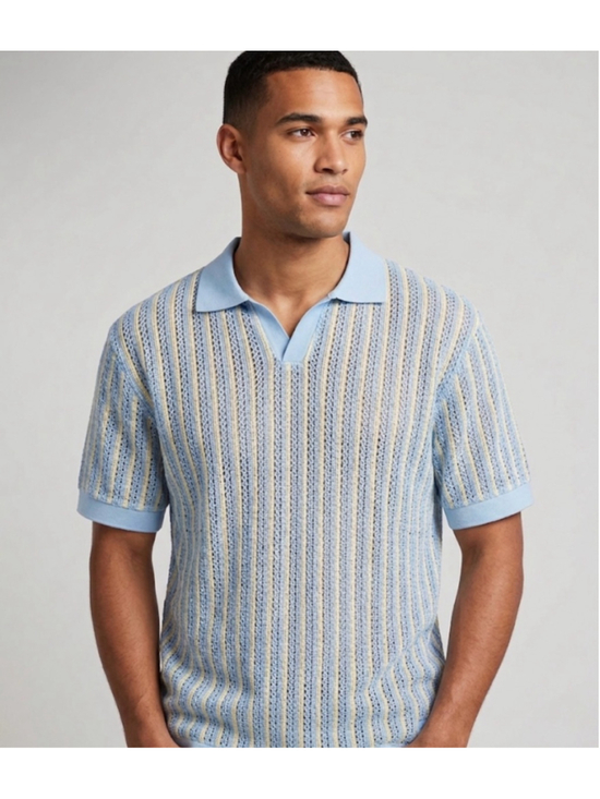 SAINTS STUDIO Other - Men's SAINTS STUDIO Light Blue Ecru Striped Knit Polo Shirt L